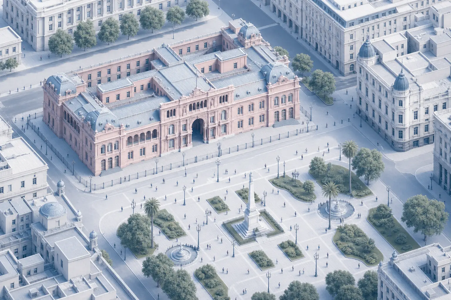 Ilustración isométrica en tonos gris azulado de la Casa Rosada, la Plaza de Mayo y los edificios cercanos