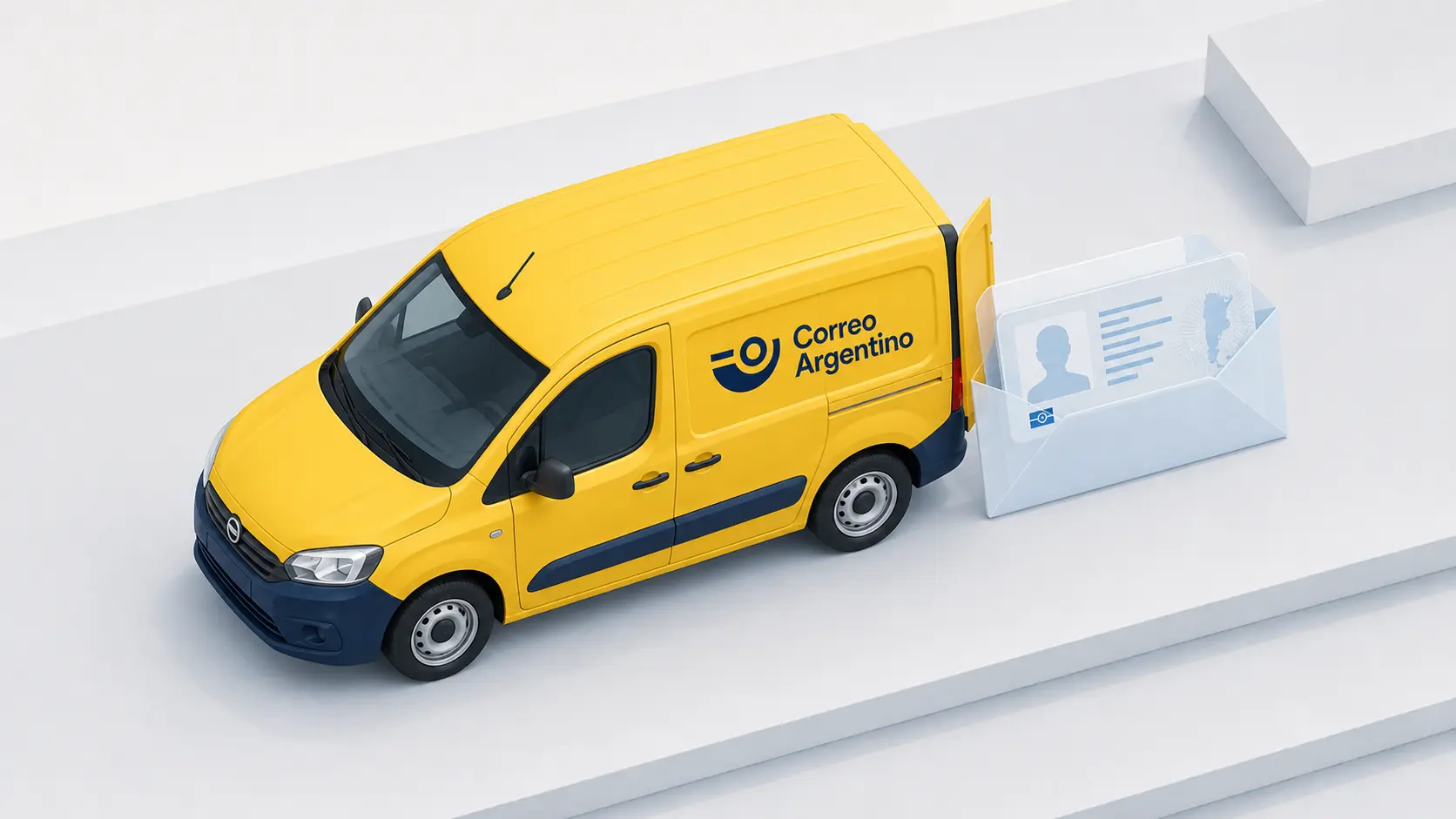 Furgón amarillo de correo argentino con un envío de DNI en una ilustración isométrica gris azulada
