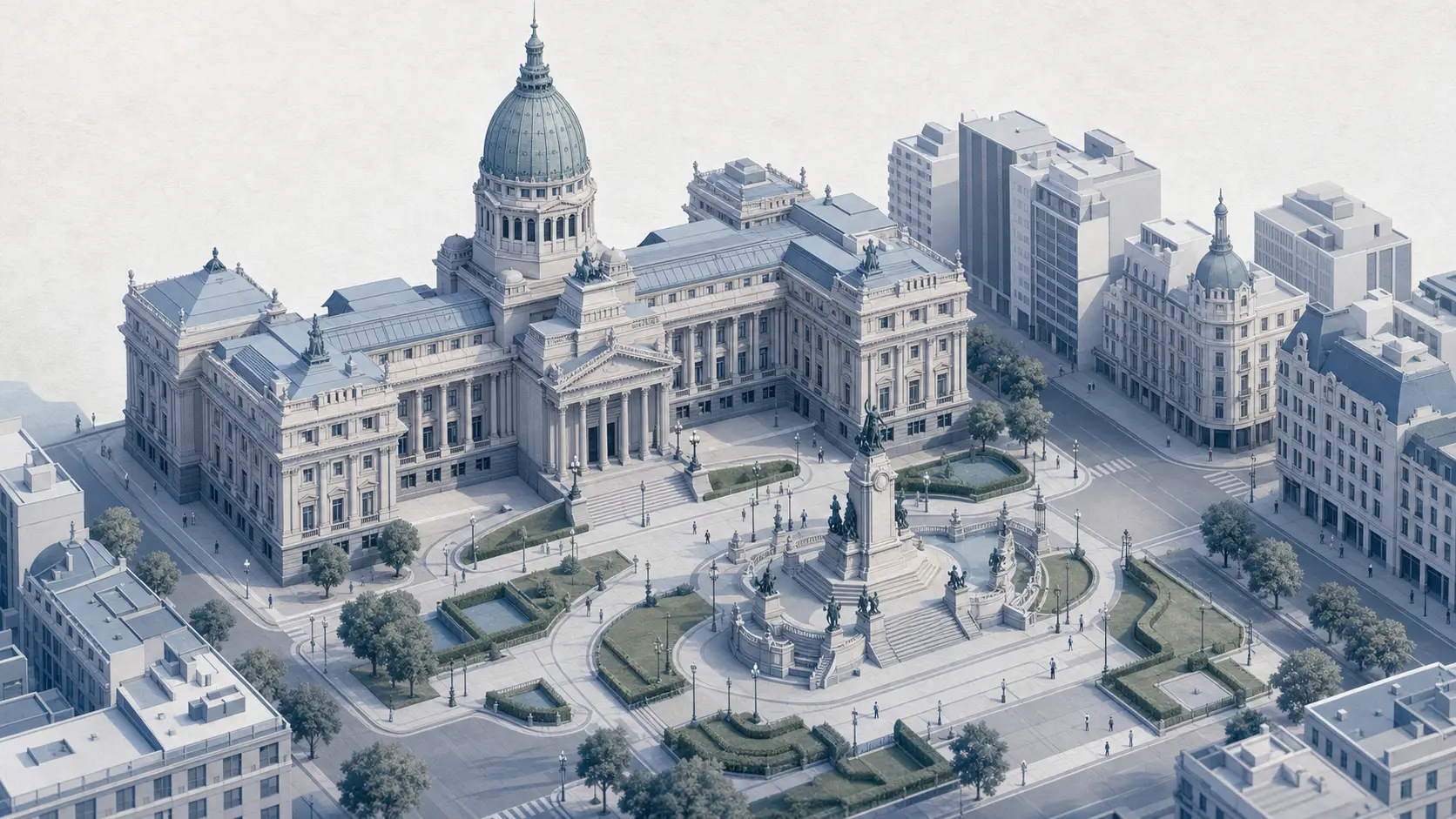 Ilustración isométrica de la Plaza del Congreso y el Palacio del Congreso de la Nación en Buenos Aires