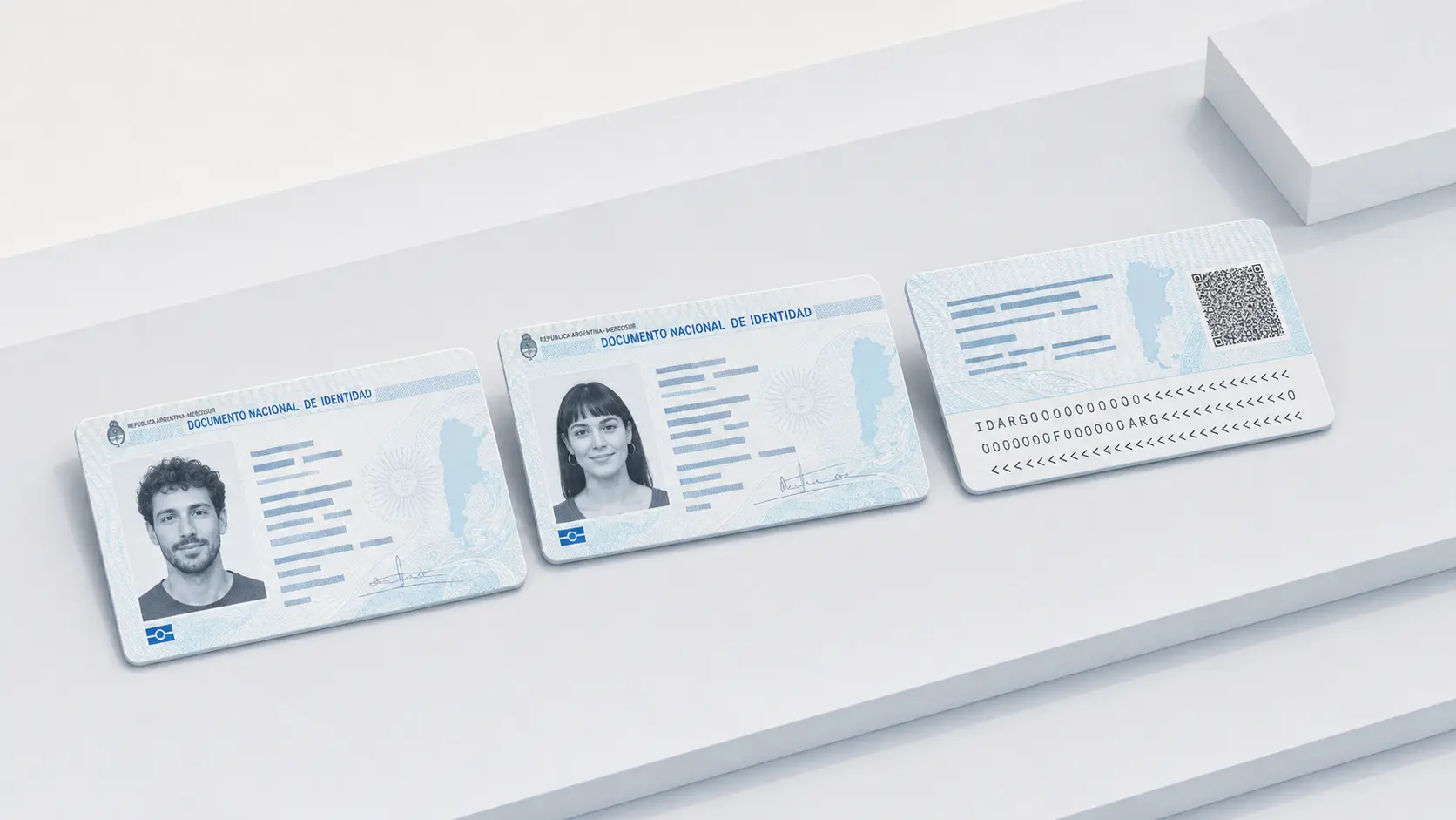 Tres tarjetas DNI argentinas estilizadas en una composición isométrica gris azulada